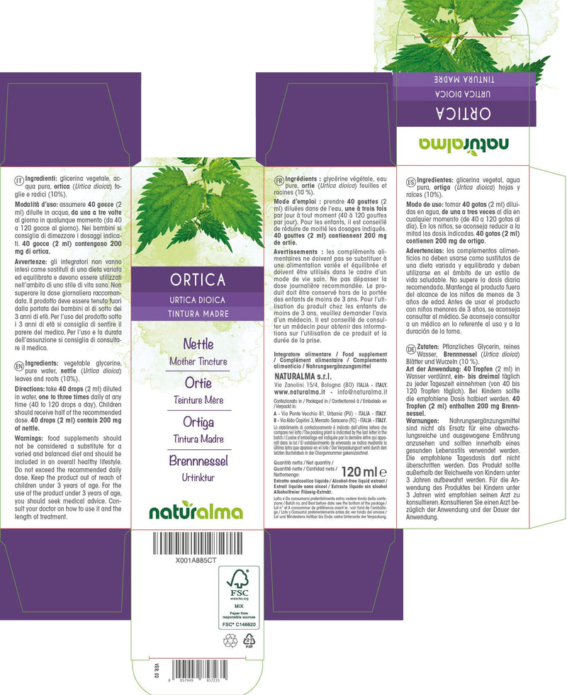 [Australia] - Nettle (Urtica dioica) Leaves and Roots Alcohol-Free Mother Tincture Naturalma | Liquid Extract Drops 120 ml | Food Supplement | Vegan 120 ml (Pack of 1) 