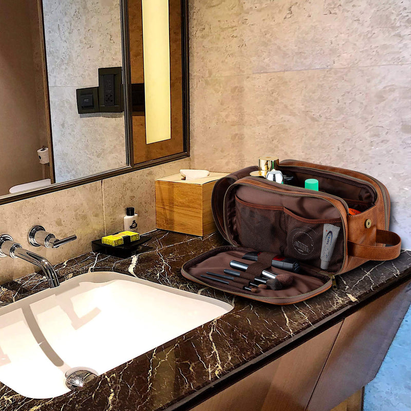 [Australia] - Elviros Toiletry Bag for Men, Large Travel Shaving Dopp Kit Water-resistant Bathroom Toiletries Organizer PU Leather Cosmetic Bags Brown 