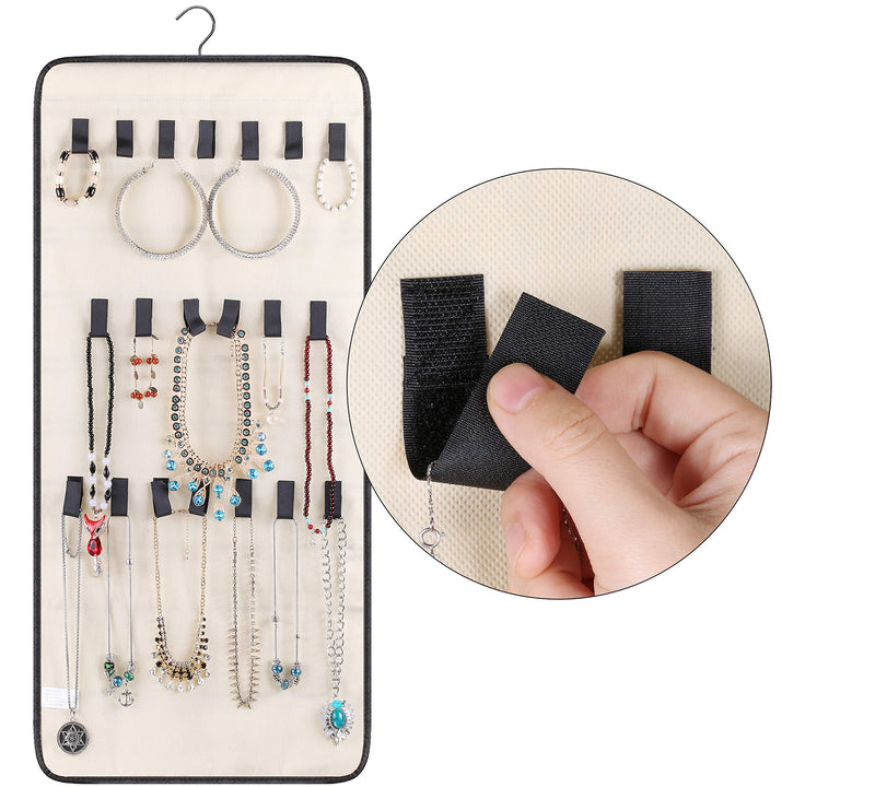 [Australia] - MISSLO Dual-sided Hanging Jewelry Organizer with 40 Pockets and 20 Hook & Loops Closet Necklace Holder for Earring Bracelet Ring Chain with Rotating Hanger, Beige 