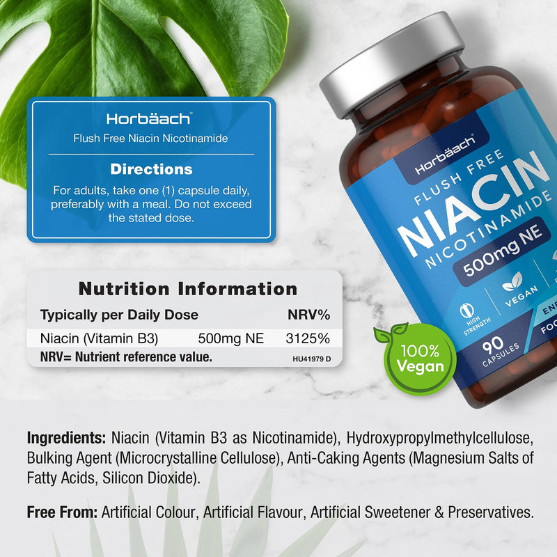 [Australia] - Vitamin B3 Niacin 500mg | 90 Vegan Capsules | Flush Free Nicotinamide Supplement | Reduction of Tiredness & Fatigue | No Artificial Preservatives | by Horbaach 