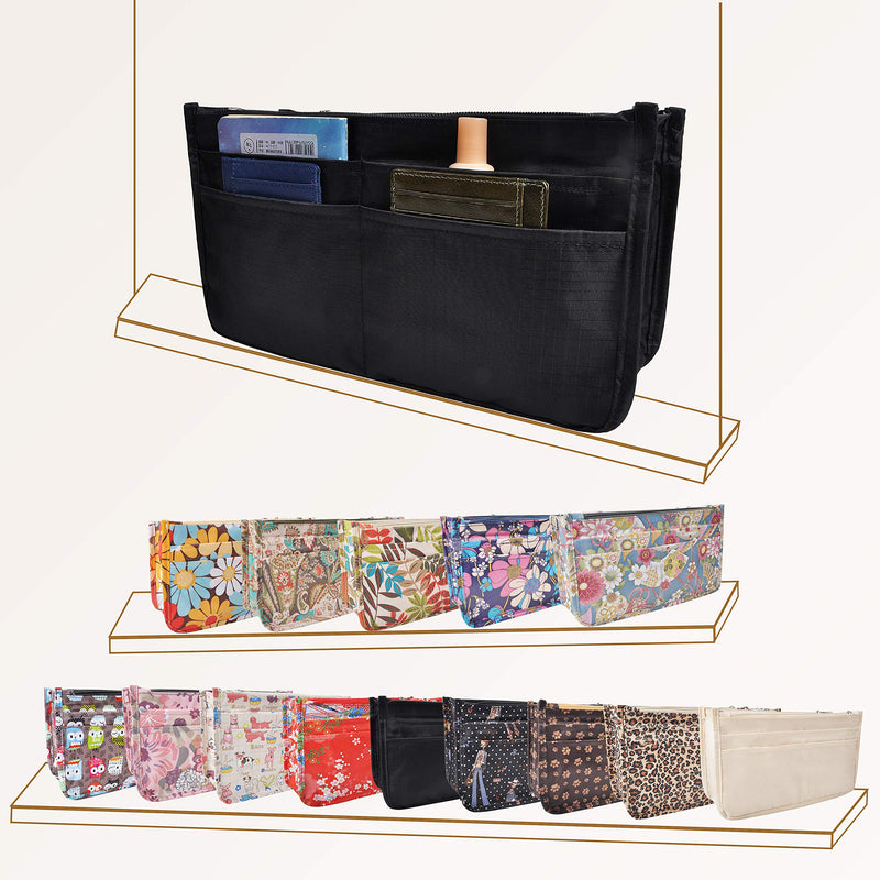 [Australia] - Vercord Patterned Purse Handbag Tote Pocketbook Bag Organizer Insert with Zipper Handle for Women Medium Black 