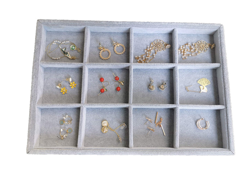 [Australia] - Ice Gray Plush Velvet Stackable Jewelry Display Trays Showcase Jewelry Organizer Storage Trays (12 Grids) 12 Grids 