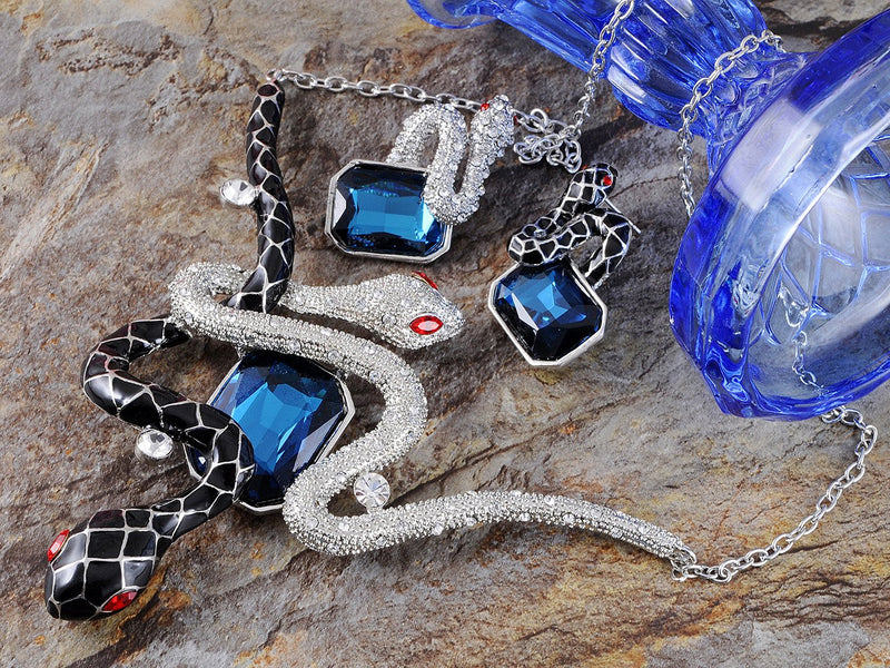 [Australia] - Alilang Sapphire Blue Black Silver Enamel Twin Snakes Crystal Rhinestone Necklace Earring Set 