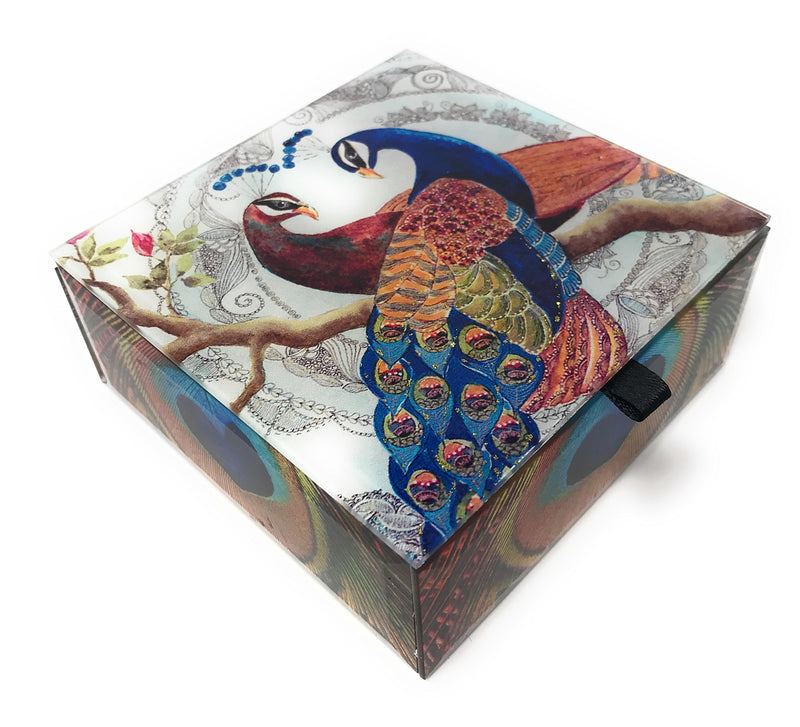 [Australia] - Value Arts Pair of Peacocks Glass Keepsake Box, Beveled Edges, Velvet Lined, 4.7 Inches Square 