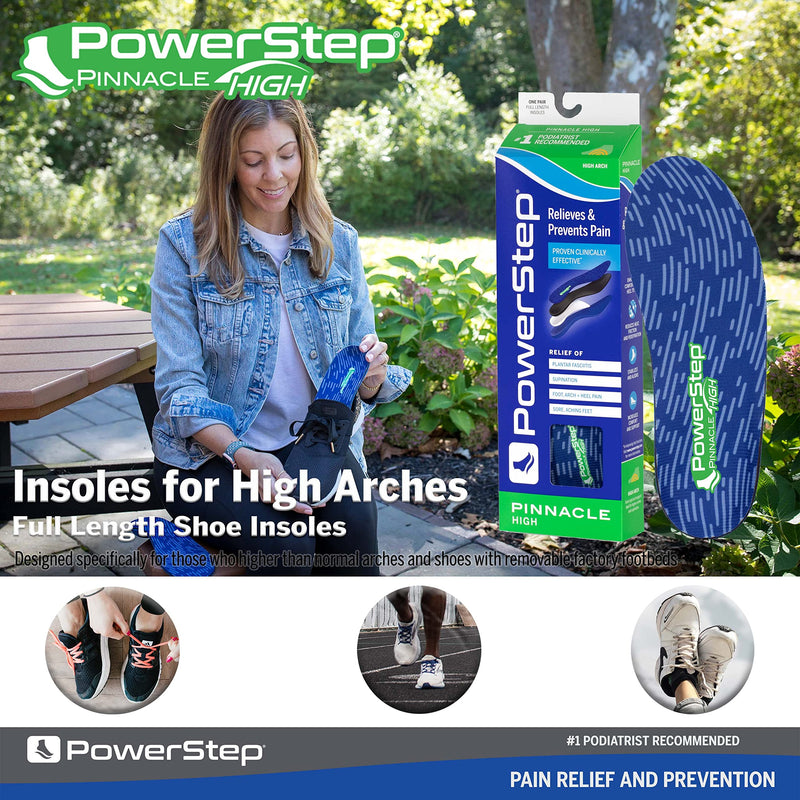 [Australia] - Powerstep Insoles, Pinnacle High Arch, Pain Relief Insole, Supination, High Arch Support Orthotic For Women and Men Men's 8-8.5 / Women's 10-10.5 Blue and Green 