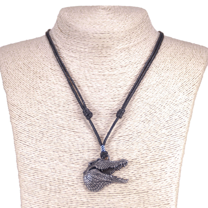 [Australia] - BlueRica Gator Head Pendant on Adjustable Black Rope Cord Necklace (Old Silver) 