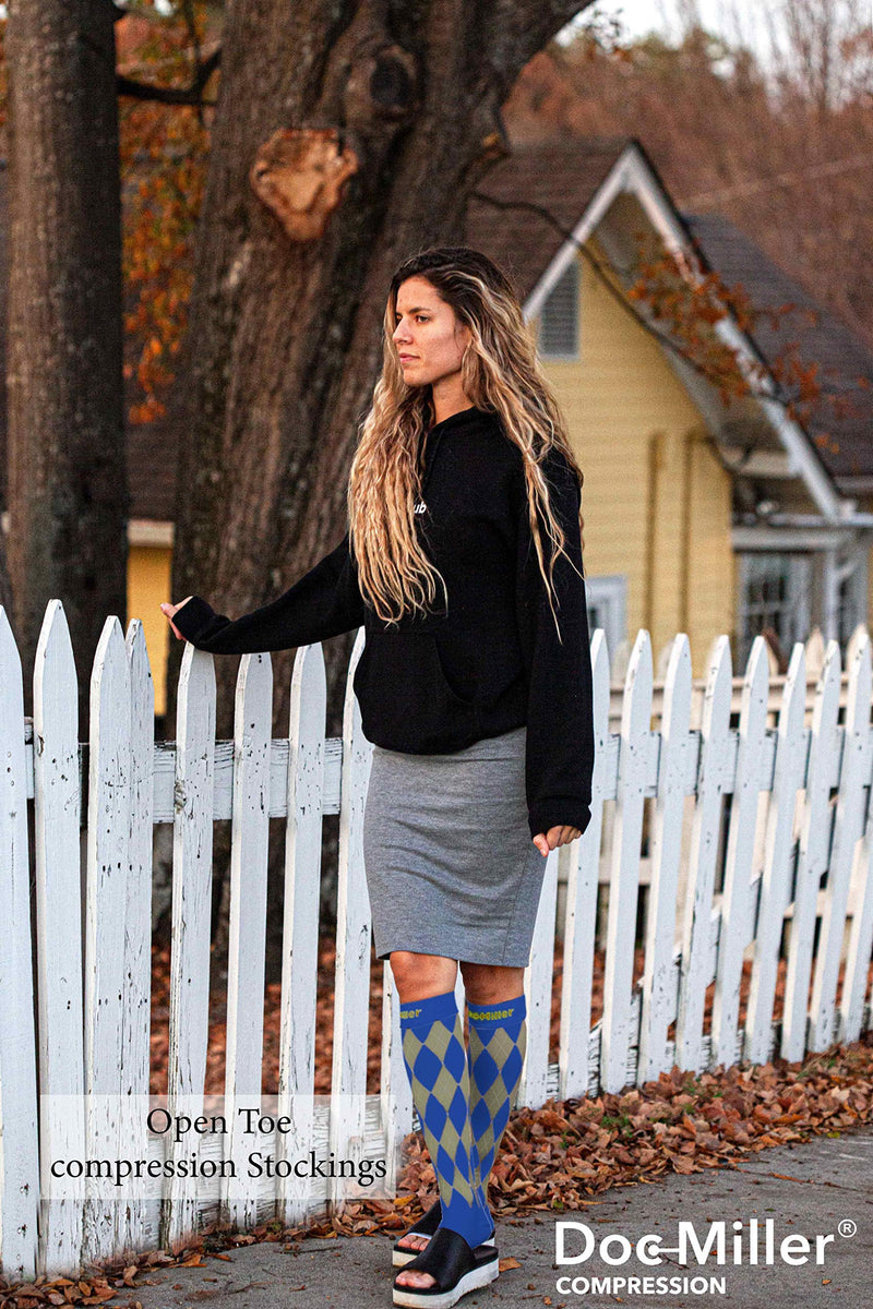 [Australia] - Doc Miller Open Toe Compression Socks Women 20-30mmHg, 1 Pair Toeless Socks for Women and Men - Argyle Design Medium Yellow.blue Open Toe 