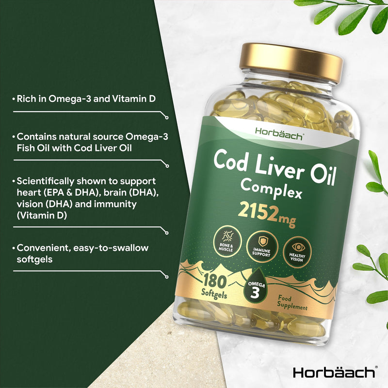 [Australia] - Cod Liver Oil Capsules 2152mg | High Strength Complex | 180 Count | with Garlic and Omega 3 Fatty Acids DHA/EPA | Immune, Vision, Bone and Muscle Support | by Horbaach 