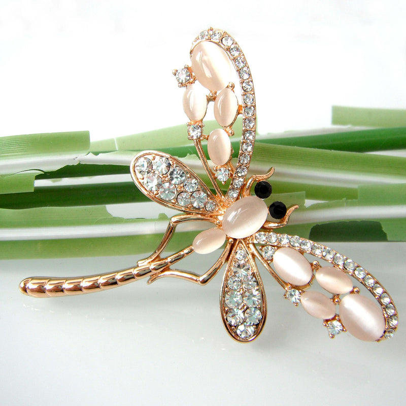 [Australia] - Navachi 18k Gold Plated Multicolor Opal Crystal Dragonfly Wings Brooch Pins White 