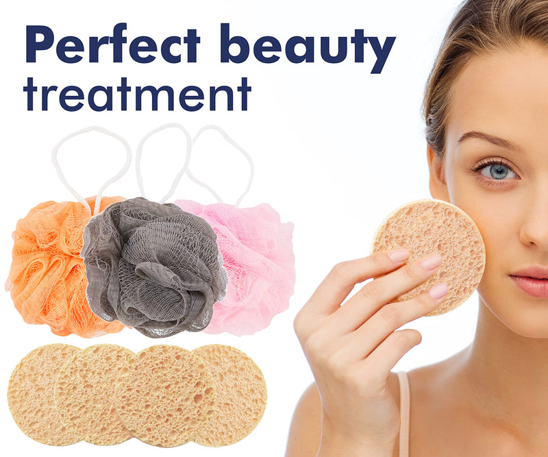 [Australia] - Easy Peasy Mate Reusable Natural Makeup Remover Pads - Shower Puff Loofah Mesh Pouf Bath Sponge - Exfoliating Bath Scrunchie and Make-up Wipes for Perfect Body and Face Care - Set of 7 