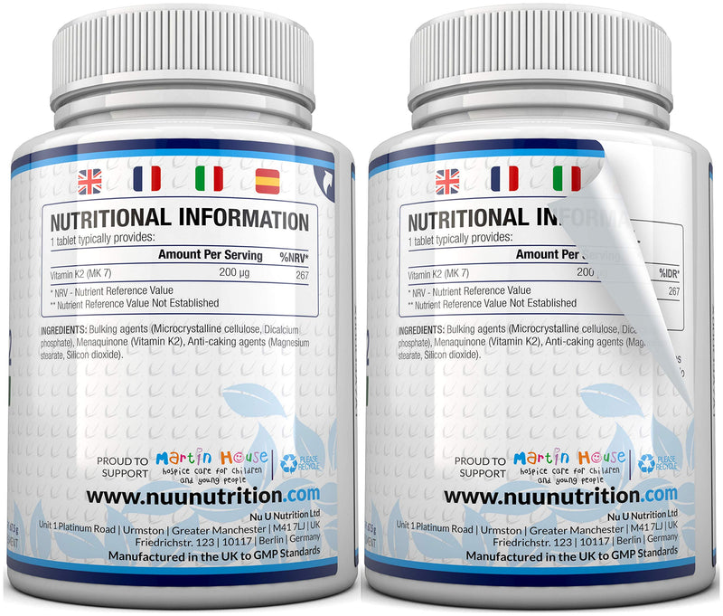 [Australia] - Vitamin K2 MK 7 200mcg - 365 Vegetarian and Vegan Tablets (not Capsules) - One Year Supply of High Strength Vitamin K2 Menaquinone MK7 from Trans-Isomer by Nu U Nutrition 