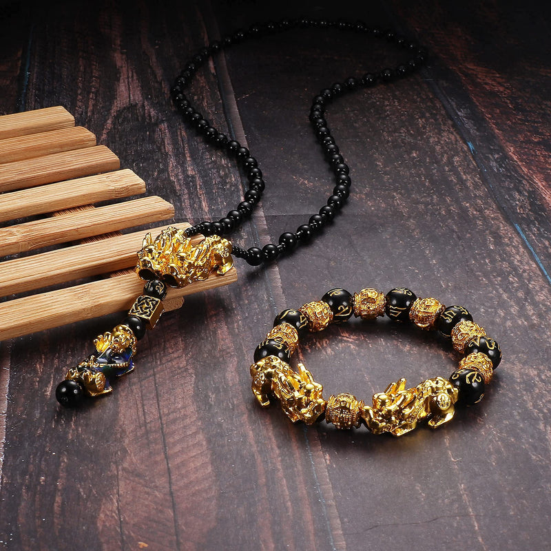 [Australia] - Ubjuliwa Feng Shui Bracelet Necklace Set Pi Xiu Bracelet Real Black Obsidian Wealth Bracelet for Women Men Good Luck Jewelry Elastic Adjustable Gold-1 Set 