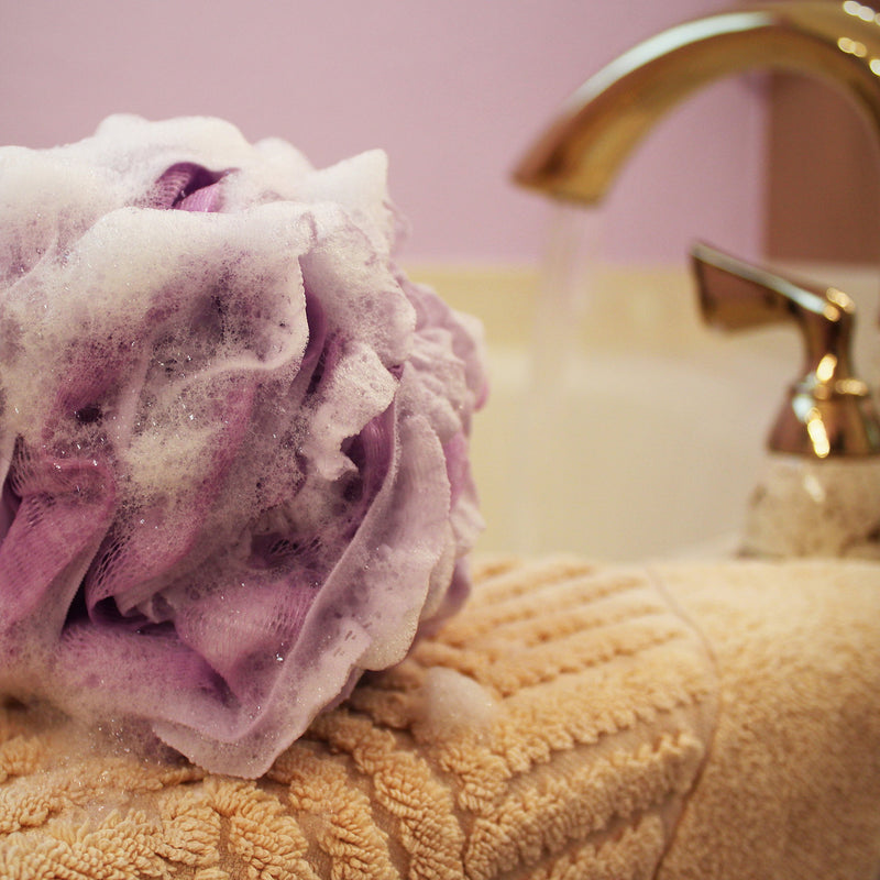 [Australia] - Loofah-Bath-Sponge Lace-Mesh-Set >> 2-Scrubs-in-1 by Shower Bouquet: Large Full 60g Pouf (4 Pack Spa Colors) Body Luffa Loofa Loufa Puff - Exfoliate, Cleanse Skin with Luxurious Bathing Accessories 