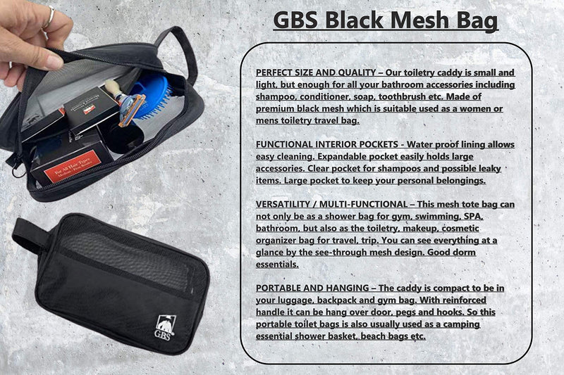 [Australia] - GBS Black Travel Toiletry Mesh Bag with Zipper - Accessory Organizer - Great For All Your Travel Essentials,Creams, Balms, Toothbrush 