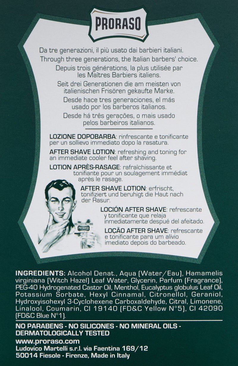 [Australia] - Proraso Aftershave Lotion Refreshing, 100ml, Men's Aftershave with Eucalyptus Oil & Menthol, Helps Restore Skin Comfort, Made In Italy 