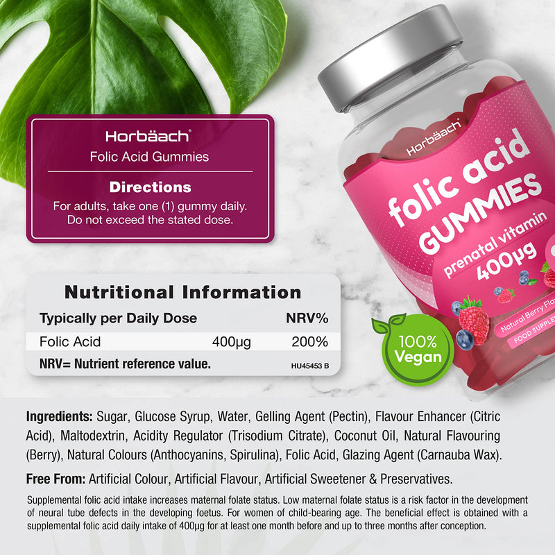 [Australia] - Folic Acid Gummies 400 mcg | 90 Vegan Gummies (3 Months Supply) | Pregnancy Care Vitamins for Women | Prenatal Health & Maternal Tissue Growth During Pregnancy | by Horbaach 