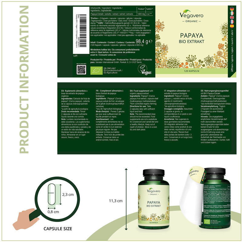 [Australia] - Papaya Vegavero® | 100% Organic | 1400mg Carica Papata Fruit Extract | NO Additives & Non-GMO | 120 Vegan Capsules 