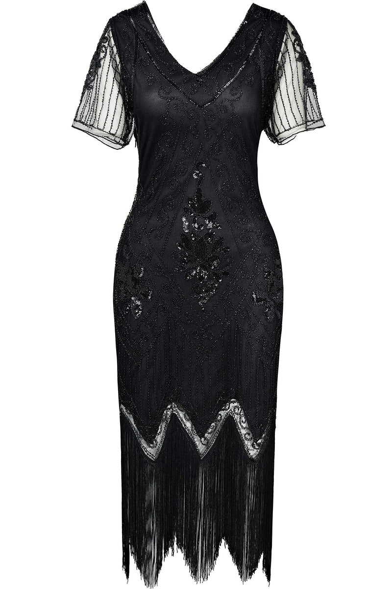 [Australia] - BABEYOND 1920s Art Deco Fringed Sequin Dress 20s Flapper Gatsby Costume Dress Black X-Large 