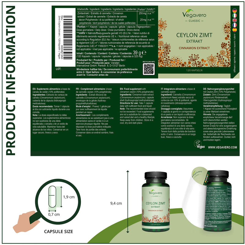 [Australia] - Ceylon Cinnamon 2000mg Vegavero® | High Strength Extract (8:1) | Without Additives | Lab-Tested | 4 Months Supply – 120 Vegan Capsules 