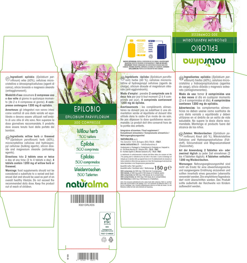 [Australia] - Willow herb or Fireweed (Epilobium parviflorum) herb NATURALMA | 150 g | 300 Tablets of 500 mg | Food Supplement | Natural and Vegan 