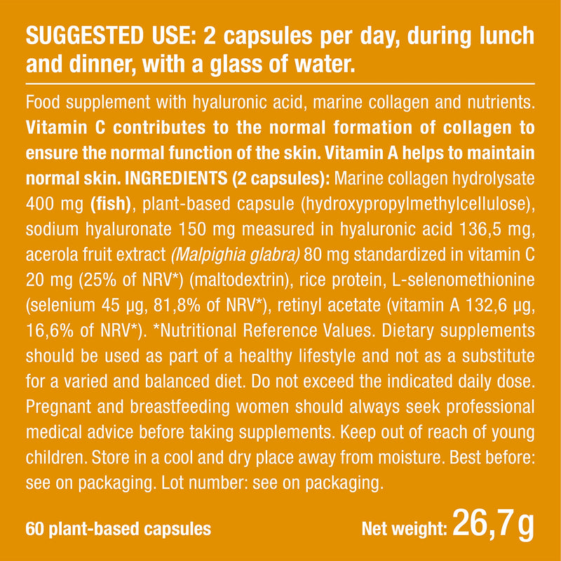 [Australia] - Hyaluronic Acid & Marine Collagen - Enriched with Vitamins A & C - Natural Anti-Wrinkle, Restructure Skin, Protect Joints and Anti-Aging - New Formula - Plant-Based Capsules - French Expertise 