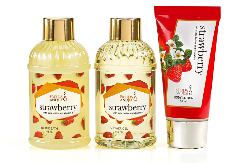 [Australia] - Bath and Body Basket Set For Women: Relaxing At Home Spa Kit Strawberry Holiday Kit in Gold Metal Hexagon Box Includes Shower Gel, Bubble Bath, Body Lotion 