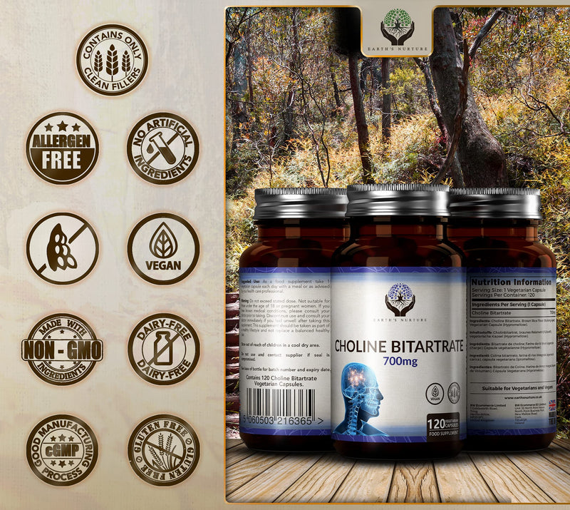 [Australia] - EN Choline Bitartrate | 120 High Strength Choline Supplement - 700mg per Serving | 120 Nootropics Choline Capsules | Non-GMO, Gluten, Dairy & Allergen Free | Manufactured in The UK 