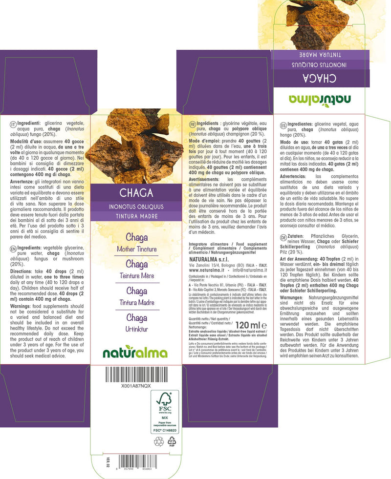[Australia] - Chaga (Inonotus obliquus) Fungus or Mushroom Alcohol-Free Mother Tincture Naturalma | Liquid Extract Drops 120 ml | Food Supplement | Vegan 120 ml (Pack of 1) 