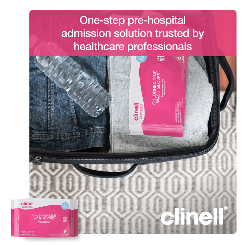 [Australia] - Clinell Chlorhexidine Wash Gloves - Pack of 8 Gloves - Body Wipes, Rinse Free Solution, Kills Bacteria, Dermatologically Tested Single 