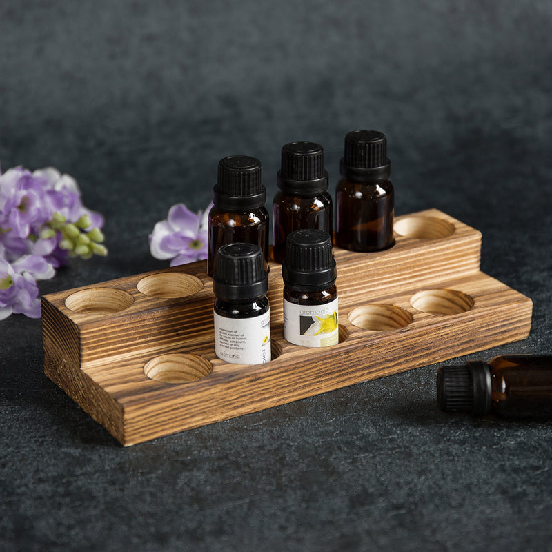 [Australia] - 2-Tier Burnt Wood Essential Oil Display Stand, Cosmetic Organizer Rack - Holds up to 11 (20ml) Bottles Torched Wood 