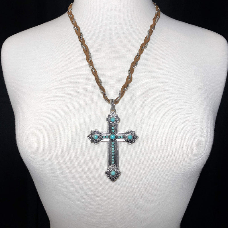 [Australia] - Gypsy Jewels Long Braided Faux Suede & Silver Tone Chain Unique Large Charm Pendant Imitation Turquoise Necklace & Dangle Earrings Set Cross 