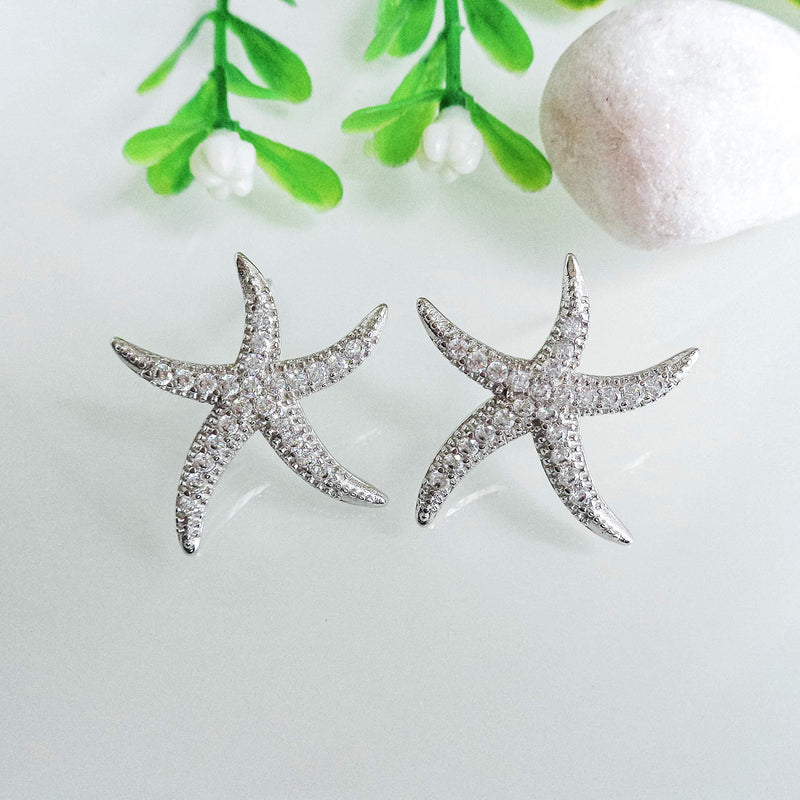 [Australia] - Hiqmic 925 Sterling Silver Cute Starfish Zirconia Ear Stud Piercing Earrings White Gold Plated Jewelry Gifts for Women_WA90047 