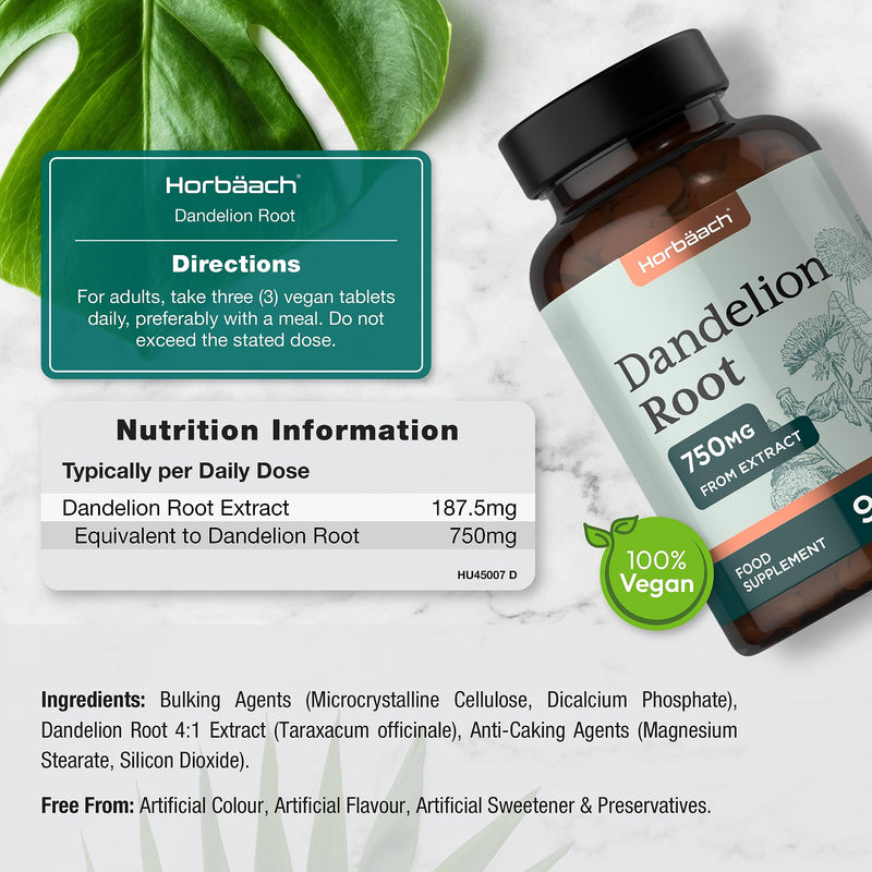 [Australia] - Dandelion Root Extract 750mg | High Strength 4:1 Extract | Liver & Digestion Support | 90 Vegan Tablets | by Horbaach 