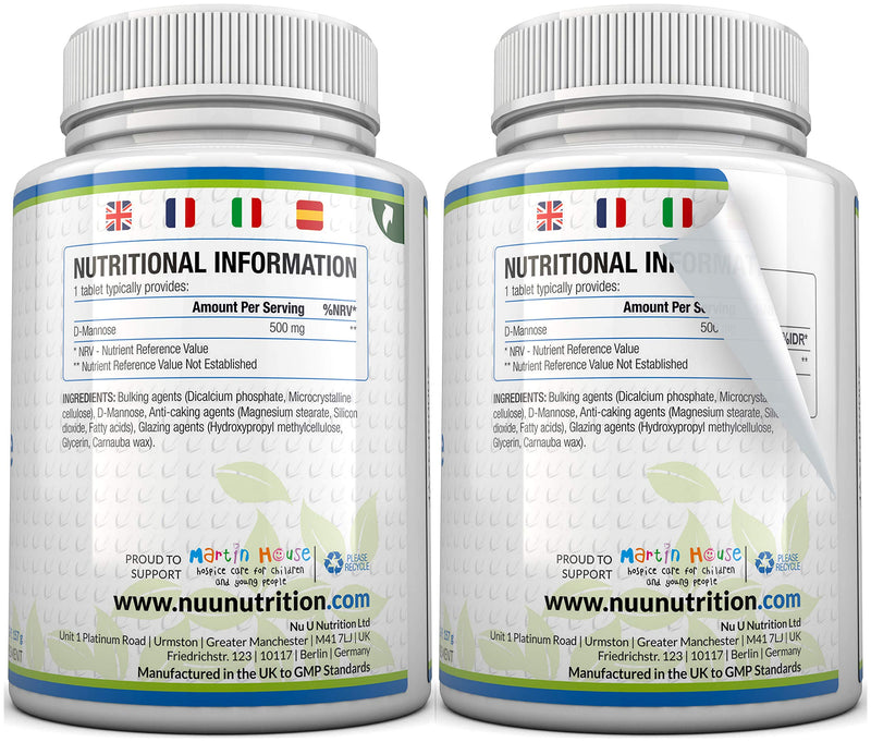 [Australia] - D-Mannose Tablets 500mg | 120 Tablets | High Strength | Allergen Free and Suitable for Vegetarians and Vegans | Not Mannose Capsules or Powder Made in The UK by Nu U Nutrition 