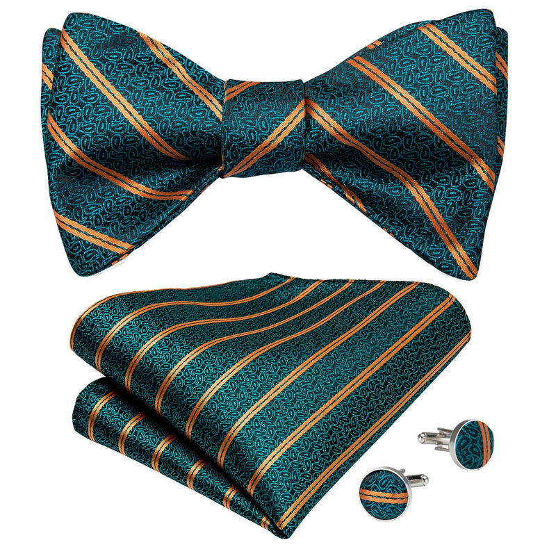 [Australia] - DiBanGu Plaid Striped Self Bow Tie for Men Silk Woven Bowtie Pocket Square Cufflinks Wedding Party 21 Teal 