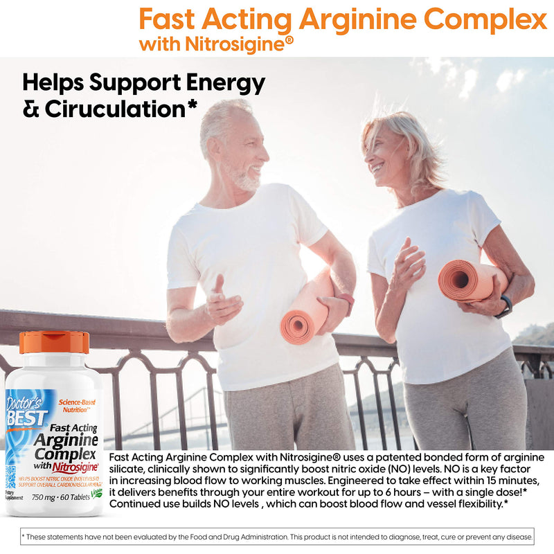 [Australia] - Doctor's Best Fast Acting Arginine Complex w/Nitrosigine, Boost Nitric Oxide, Blood Flow & Vessel Flexibility, Non-GMO, Vegan, Gluten Free, 750mg, White (DRB-00406) 