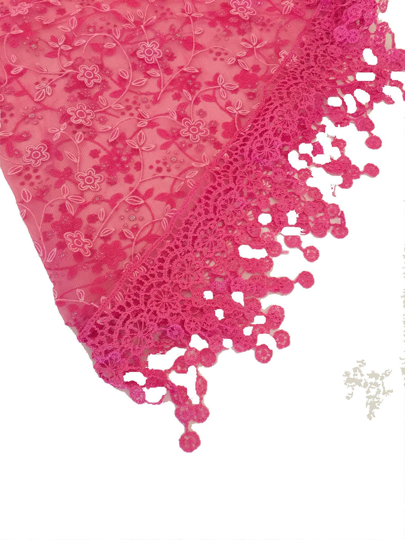 [Australia] - Pamper Yourself Now Fuschia Pink with White Glittery Flower lace Triangle Scarf with lace Trim 