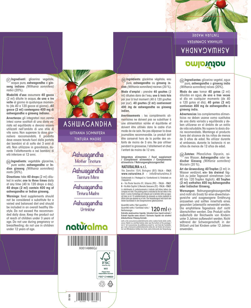[Australia] - Ashwagandha or Indian Ginseng (Withania somnifera) Roots Alcohol-Free Mother Tincture Naturalma | Liquid Extract Drops 120 ml | Food Supplement | Vegan 120 ml (Pack of 1) 