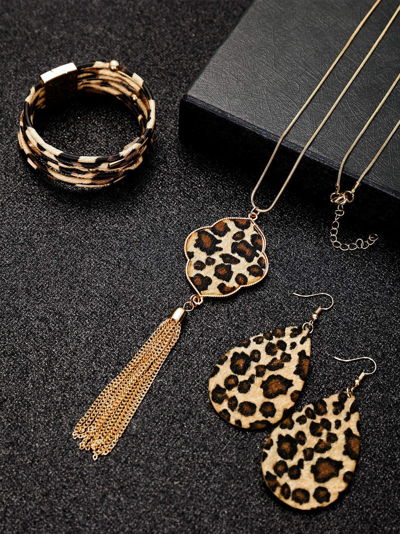 [Australia] - Hicarer 3 Pieces Leopard Bracelets Bohemia Leopard Earrings Necklace for Women Girls (Teardrop Earring Set) 