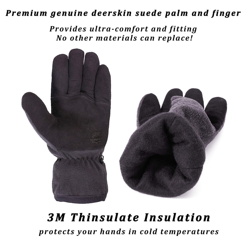 [Australia] - SKYDEER Winter Gloves with Premium Genuine Deerskin Suede Leather and Windproof Polar Fleece (Unisex SD8661T/S, Warm 3M Thinsulate Insulation) Small Black 