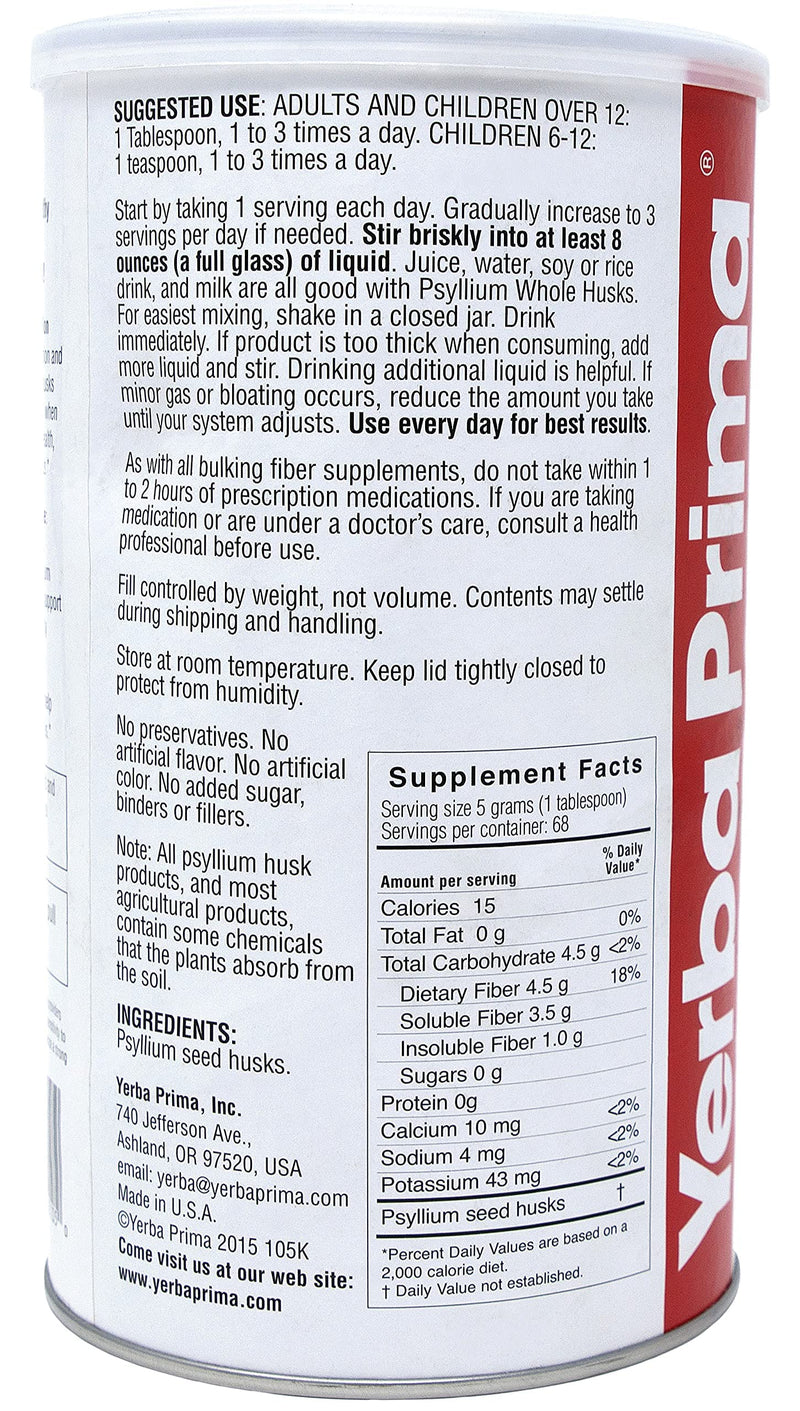 [Australia] - Yerba Prima Psyllium Husk, 12 Ounce - Colon Cleansing Fiber Supplement, for Heart Health, Natural Support for Gut Health, Vegan, No Sugar or Artificial Sweeteners, Non GMO, Gluten Free 