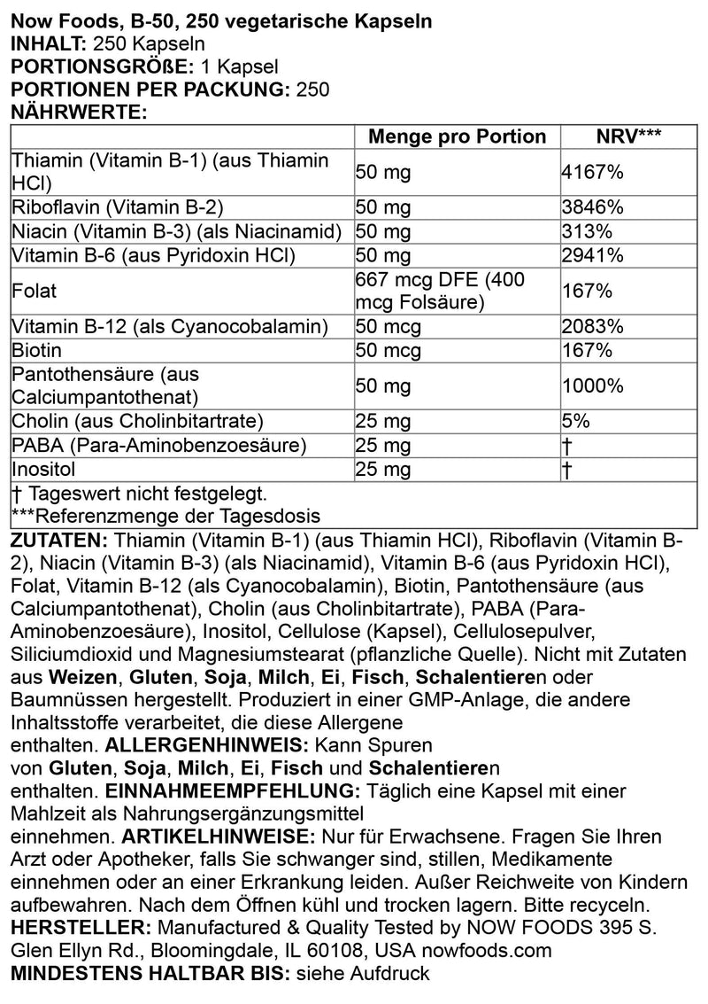 [Australia] - NOW Supplements, Vitamin B-50 mg, Energy Production*, Nervous System Health*, 250 Veg Capsules Unflavored 250 Count (Pack of 1) 