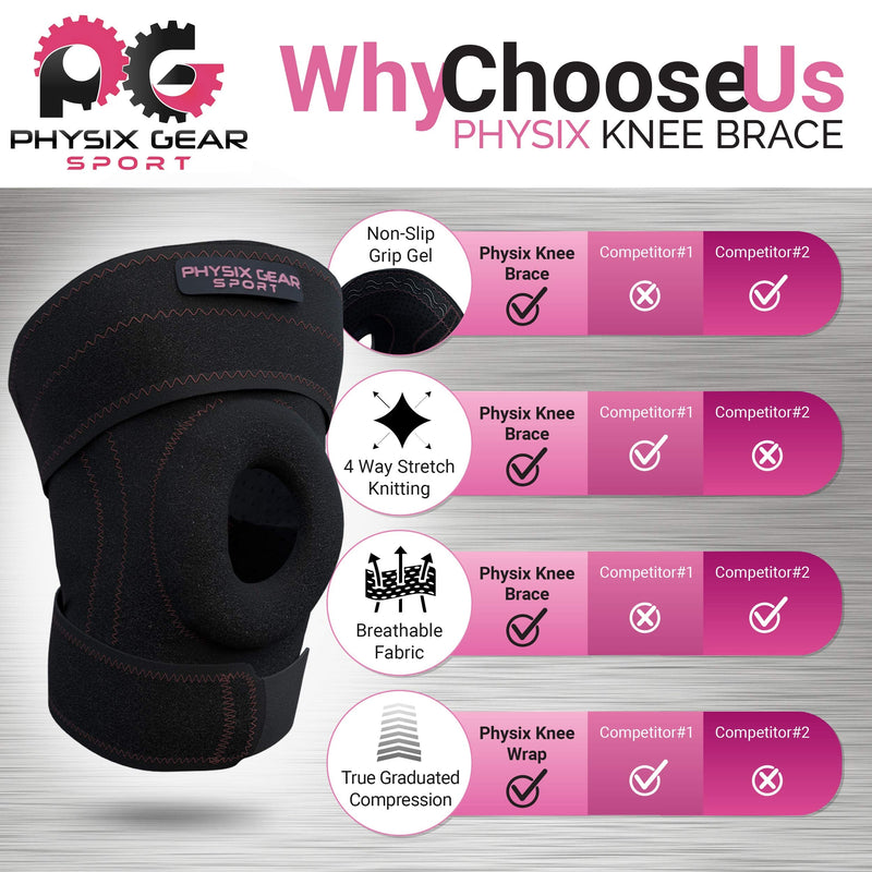 [Australia] - Physix Knee Brace with Side Stabilizers & Adjustable Straps - Knee Brace for Meniscus Tear, Knee Wraps for Pain, ACL, MCL, OA, Running, Workouts - Open Patella Knee Braces for Men & Women (Single) XL - Upper 22"-24" | Lower 20"-22" Black/Pink (Single) 