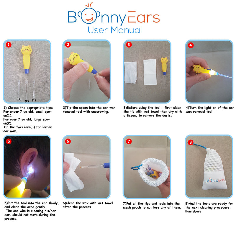 [Australia] - Ear Wax Removal Tool with Led Light for Kids - Toddlers, Infants, Baby and Adult by BonnyEars | Stainless Steel Earwax Remover Kit | Ear Pick Spoon Curette Tweezers Cleaning 
