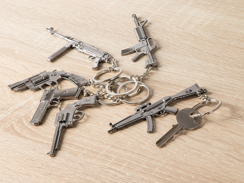 [Australia] - Gun Keychain - 6-Pack Metal Weapon Key Rings Pendant for Men, Birthday Gifts, 6 Designs, Silver 