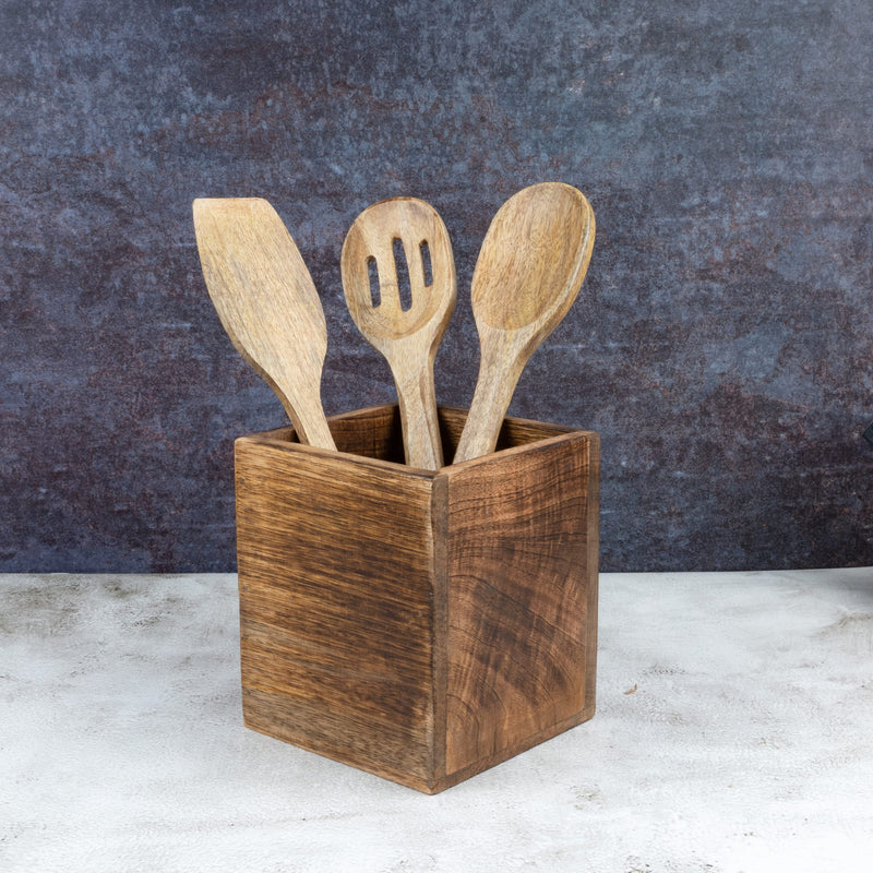 [Australia] - Samhita Mango Wood Burning Finished Kitchen Utensil Holder for Countertop, Utensil Holder Container for Kitchen Cooking Utensil. (12.7cm x 12.7cm x 15.24cm) 