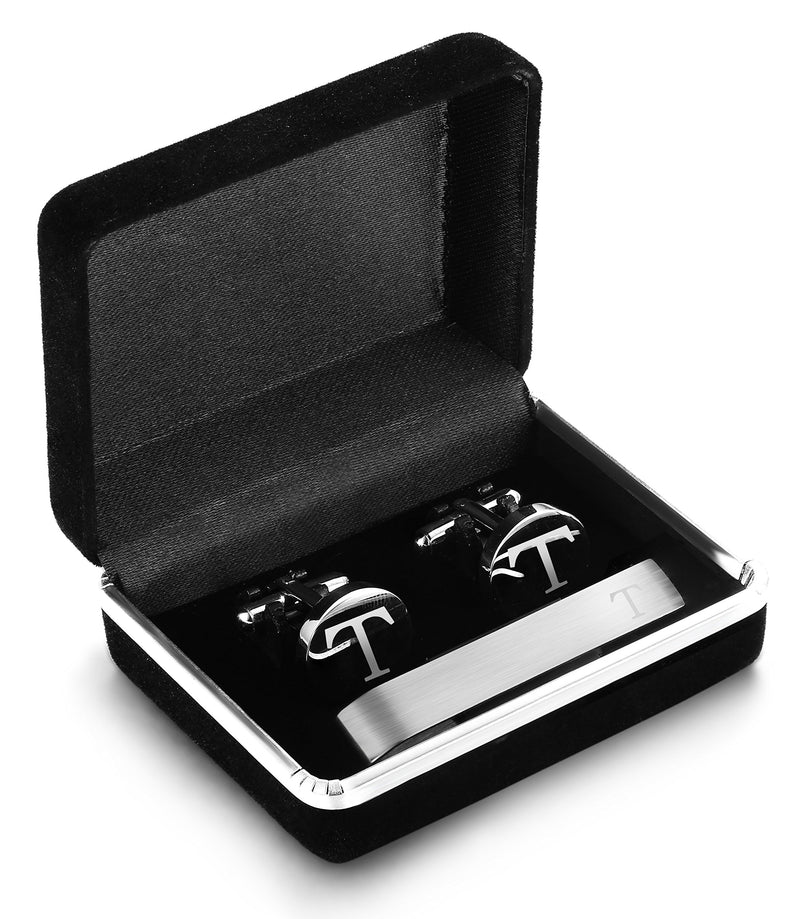 [Australia] - LOYALLOOK Stainless Steel Engraved Initial Cufflinks and Tie Clip Bar Set Alphabet Letter with Gift Box A-Z T 