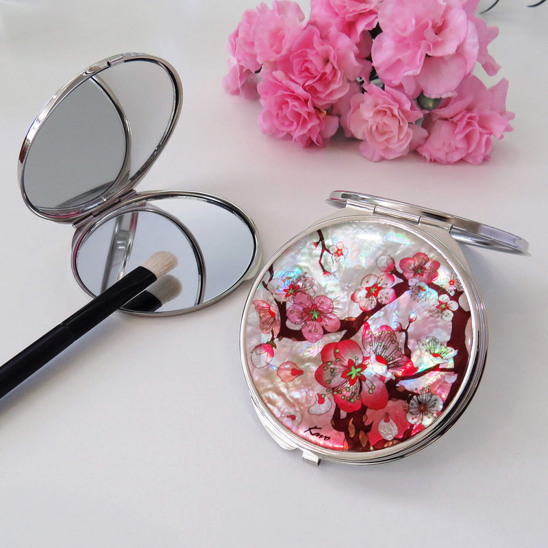 [Australia] - MADDesign Mother of Pearl Pink Makeup Mirror Dual Compact Folding Magnify Apricot Tree Flowers Design 