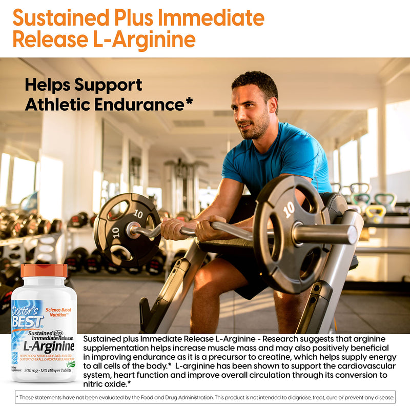 [Australia] - Doctor's Best Sustained Plus Immediate Release L-Arginine, Non-GMO, Vegan, Gluten & Soy Free, 500 mg, 120 Count 