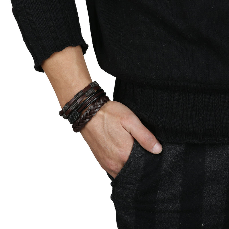 [Australia] - Jstyle 12Pcs Braided Leather Bracelet for Men Women Cuff Wrap Bracelet Adjustable Black and Brown (A:12Pcs) 